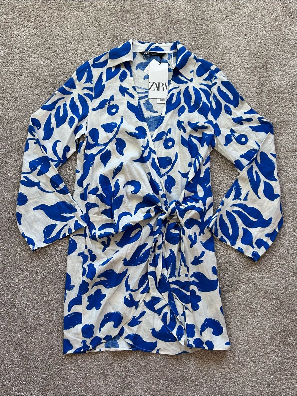 ZARA Linen Blend Floral Wrap Dress Medium NWT Blue White Tropical Abstract Mini - Picture 2 of 10